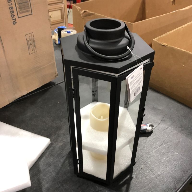 Photo 1 of Alpine Corporation Black Hexagonal Candlelit Lantern with LED Light, 21-Inch