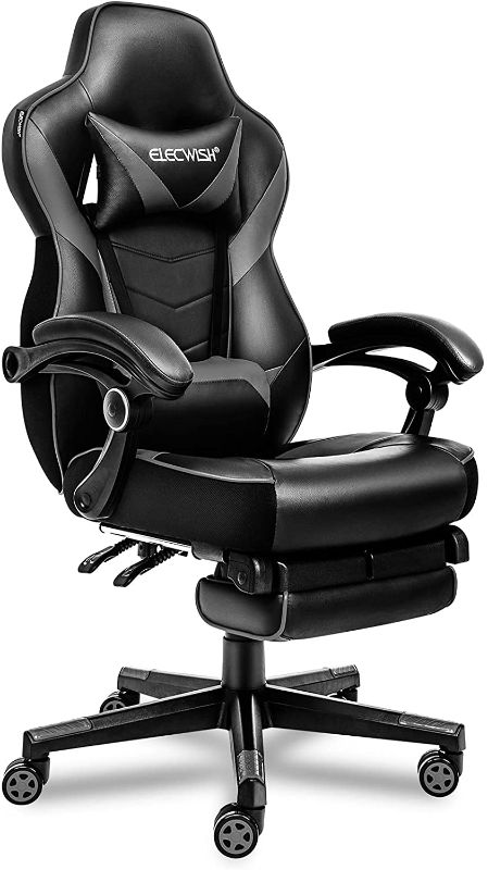 Photo 1 of ELECWISH Racing Video Gaming Chair High Back Large Size Ergonomic Adjustable Swivel Reclining Executive Computer Chair with Headrest and Lumbar Support PU Leather Executive Office Chair Grey