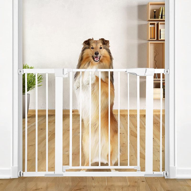 Photo 1 of 43.3 inch Dog Gate Extra Wide Tall Durable Pet Gate Easy Walk Thru Dog Fence Gate for Stairs Doorways House, Fits Openings 37.8"-43.3", Pressure Mounted, White