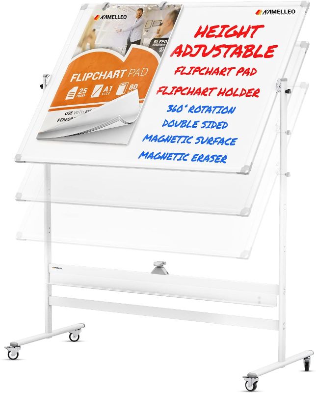 Photo 1 of Mobile Whiteboard - 48x36 Large Height Adjust 360° Rolling Double Sided Dry Erase Board, Magnetic White Board on Wheels, Office Classroom Portable Easel with Stand, Flip Chart Holders and Pad | White