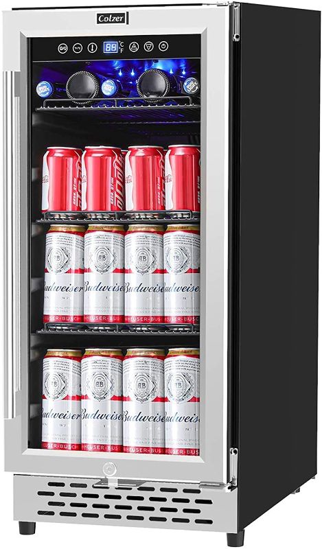 Photo 1 of Colzer 15 inch Beverage Refrigerator with Glass Door 126 Cans Mini Beverage Cooler Under Counter Freestanding Built in Centre Garage Fridge with Lock for Drink Beer Soda Wine Water
