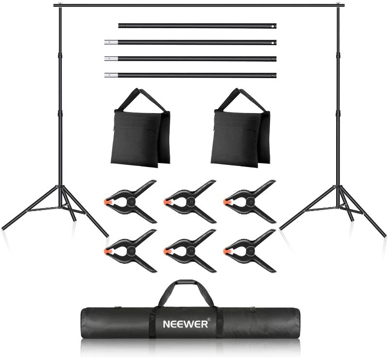 Photo 1 of Neewer Photo Studio Backdrop Support System, 10ft/3m Wide 7ft/2.1m High Adjustable Background Stand with 4 Crossbars, 6 Backdrop Clamps, 2 Sandbags, and Carrying Bag for Portrait & Studio Photography

