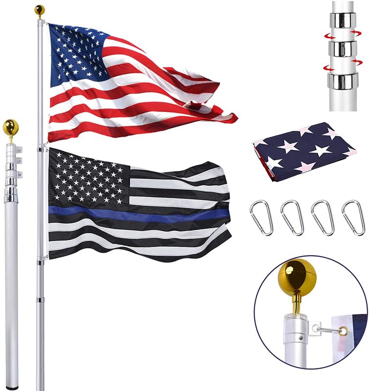 Photo 1 of 20FT Telescopic Flag Pole Kit, Heavy Duty Telescoping Flagpole Fly 2 Flags, Extra Thick Aluminum Outdoor Inground Flag Poles with 3x5 USA Flag for Yard, Residential or Commercial, Silver
