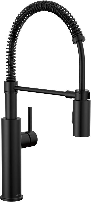 Photo 1 of Delta Faucet Antoni Black Kitchen Faucet with Pull Down Sprayer, Commercial Style Kitchen Sink Faucet, Faucets for Kitchen Sinks, Single-Handle, Magnetic Docking Spray Head, Matte Black 18803-BL-DST
