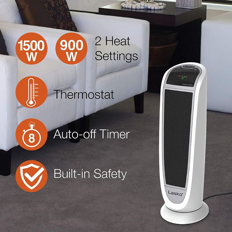 Photo 2 of Lasko 5165 Digital Ceramic Tower Heater with Remote Control, 1500W, White
