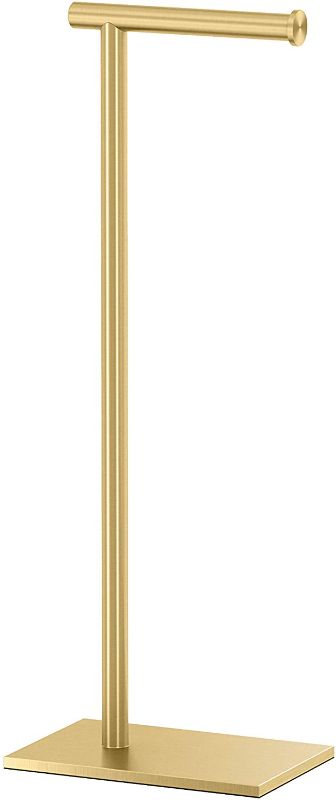 Photo 1 of Gatco 1431B Modern Rectangle Base Freestanding Toilet Paper Holder, Brushed Brass
