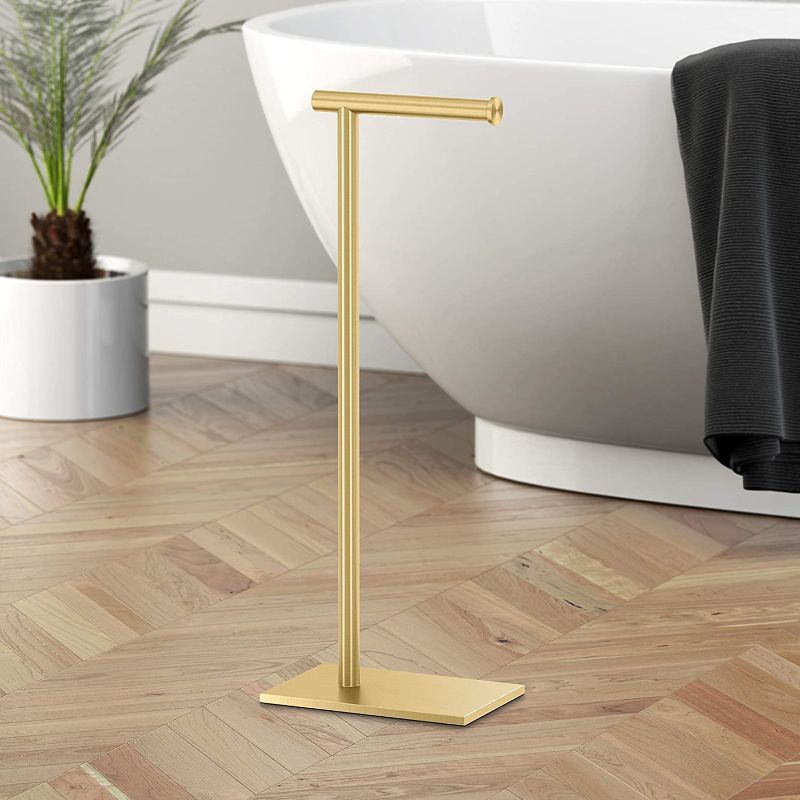 Photo 2 of Gatco 1431B Modern Rectangle Base Freestanding Toilet Paper Holder, Brushed Brass
