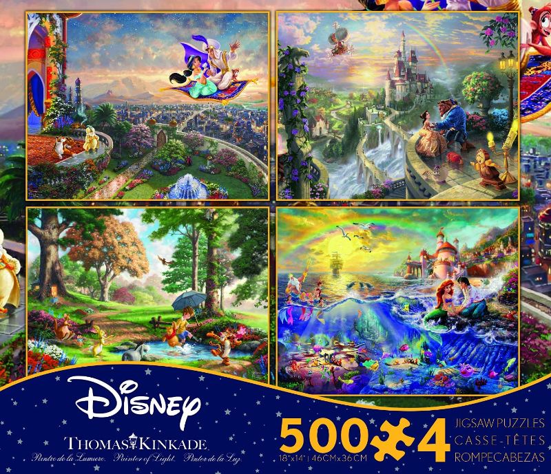 Photo 1 of Ceaco Thomas Kinkade The Disney Dreams Collection 4 in 1 Multipack Aladdin, Winnie the Pooh, Beauty & the Beast, The Little Mermaid Jigsaw Puzzles, (4) 500 Pieces
