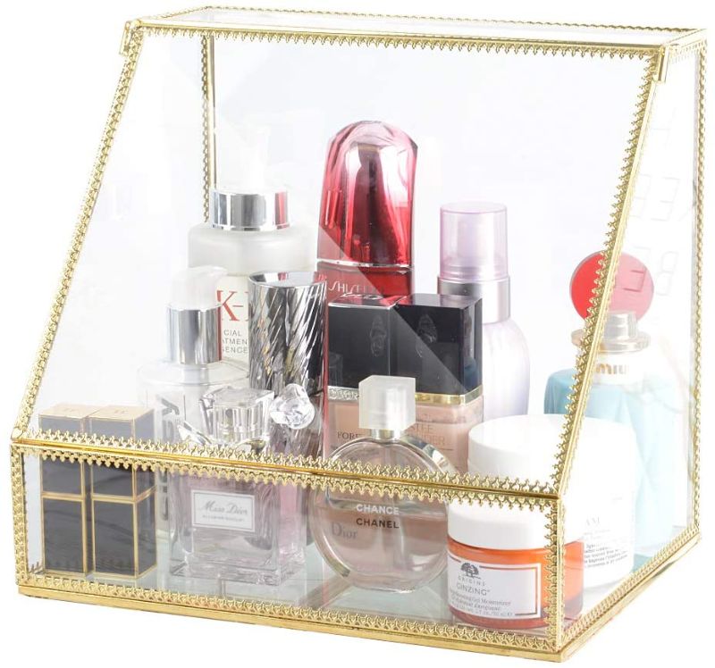 Photo 1 of InnSweet Glass Makeup Organizer, Gold Cosmetic and Jewelry Box with Slanted Front Open Lid, Trapezoid Cosmetic Display Cases
