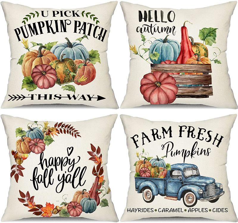 Photo 1 of Allorry Fall Pillow Covers 18x18 Set of 4 Inches Pumpkin Thanksgiving Farmhouse Decorative Autumn Pillowcase Linen Cushion Case for Home Decor Set of 4
