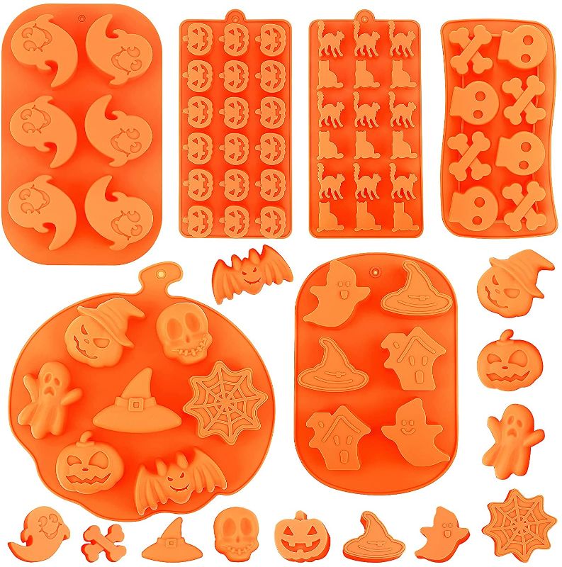 Photo 1 of Aneco 6 Pack Halloween Silicone Baking Molds Sets with Pumpkin Witch Ghost to Make Cakes, Pudding, Ice Cube, Chocolate Bars, Cupcakes, Wafer for Party Holiday Christmas Halloween, Orange
