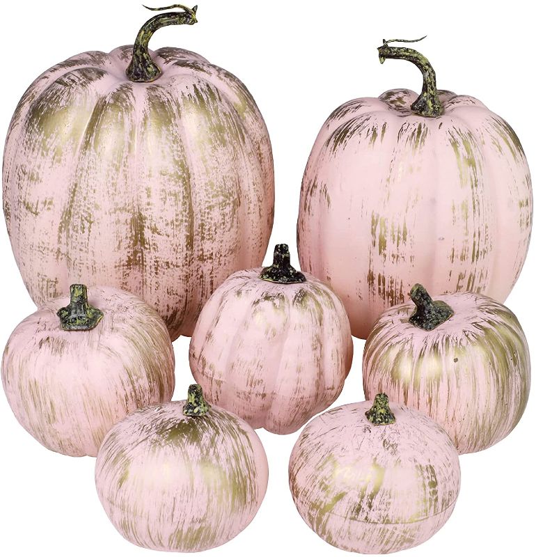 Photo 1 of 7 Pcs Assorted Artificial Gold Brushed Pink Pumpkins Rustic Decorative Pumpkins Foam Pumpkins for Fall Halloween Harvest Wedding Baby Shower Tabletop Centerpiece Mantel Kitchen Decoration
