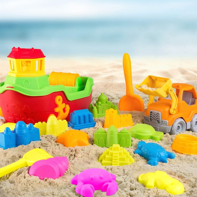 Photo 1 of DraMosary 19pcs Beach Sand Toys Set for Kids with Boat, Excavator, Shovel Tool Kits and Sand Castle Models&Molds for Toddlers Baby Boys and Girls Summer Vacation Outdoor Beach/Water Play