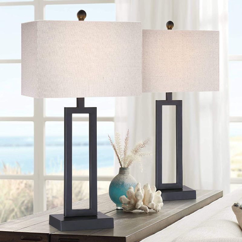 Photo 1 of Aston Modern Table Lamps Set of 2 Open Rich Black Base Rectangular Off White Fabric Shade for Living Room Bedroom Bedside Nightstand Office - 360 Lighting