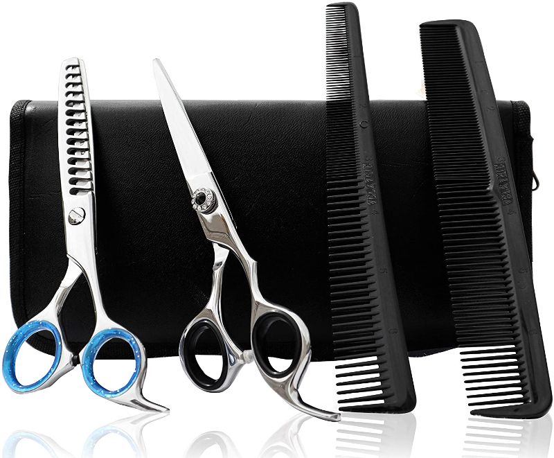 Photo 1 of VELKYRE Hair Cutting Scissors Set - Professional Haircut Scissors Kit with Cutting Scissors Thinning Scissors 2 Combs & Pouch Black Hairdressing Shears Set for Barber - Salon - Home

