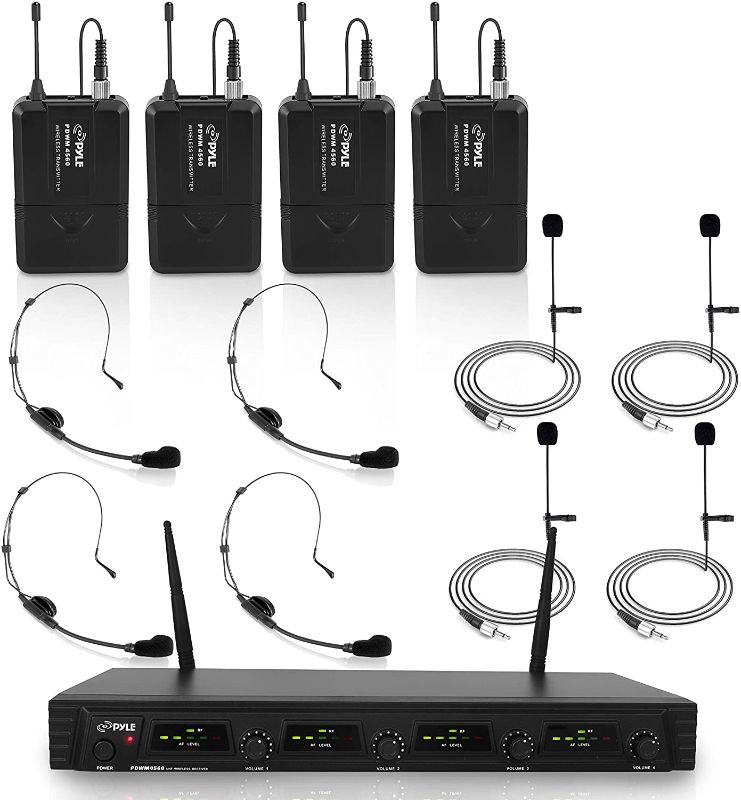 Photo 1 of Pyle 4 Channel UHF Wireless Microphone System & Rack Mountable Base 4 Headsets, 4 Belt Packs, 4 Lavelier/Lapel MIC With Independent Volume Controls AF & RF Signal Indicators (PDWM4560)
