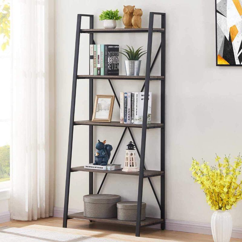 Photo 1 of BON AUGURE Industrial Ladder Shelf, Rustic 5 Tier Leaning Bookshelf, Wood Metal Ladder Bookcase (Dark Gray Oak)
