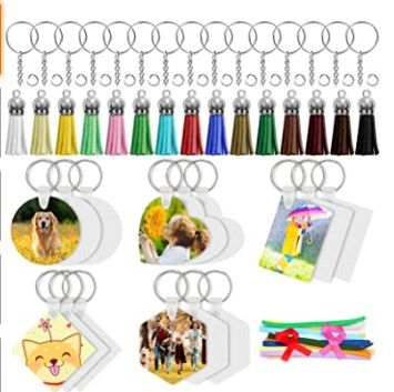 Photo 1 of Keychain Blanks, RAPUDA 105pcs Heat Transfer MDF Keychains for Vinyl Kit Including 15pcs Acrylic Blanks, 15pcs Keychain Tassels, 15pcs ribbons,30pcs Key Chain Rings and 30pcs Jump Rings for DIY Keychain Vinyl Crafting
