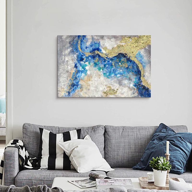 Photo 1 of Blue Abstract Gold Painting Wall-Art: Navy Marble Canvas Art Golden Foils Art Gray Modern Picture Beach or Coastal Artwork for Large Wall Decor Living Room
Size:36" x 24"