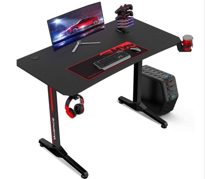 Photo 1 of VANSPACE 55 Inch Gaming Desk, Ergonomic T-Shaped Office Desk PC Computer Desk, Gamer Tables Pro Workstation with USB Gaming Handle Rack, Stand Cup Holder&Headphone Hook
