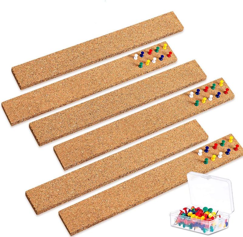 Photo 1 of Whaline 6 Pcs Cork Bulletin Bar Strip with 50Pcs Drawing Pins 2 x 15 x 0.47 Inch Frameless Cork Board Strips Self-Adhesive Cork Strips Multi Purpose Cork Memo Strips for Office, School, Home Decor