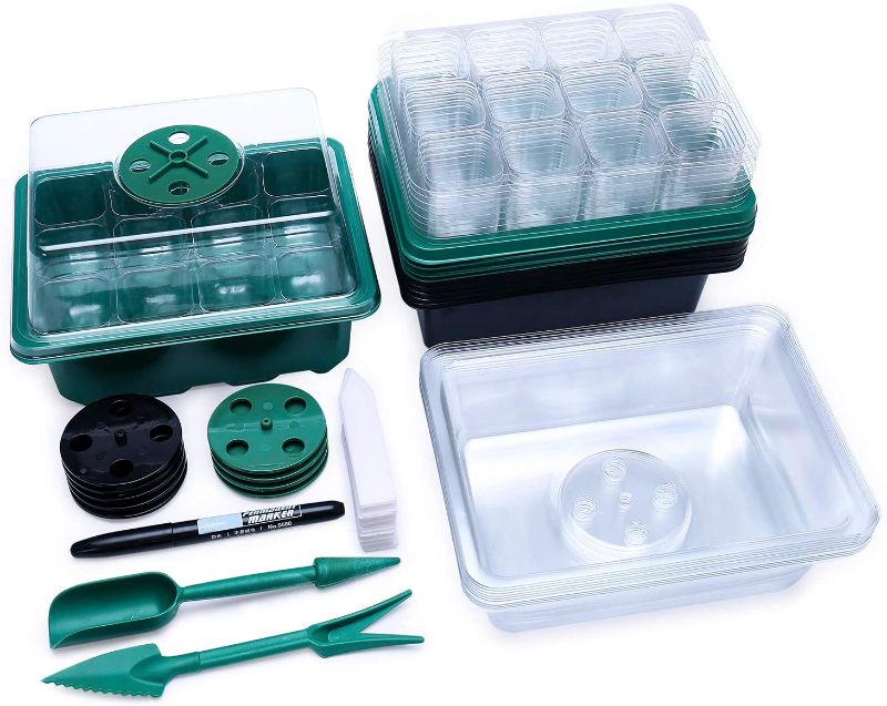 Photo 1 of 12 Cells Seed Starter Tray with Dome and Base, FANGHZHIDI 10 Pack 120 Cells Reusable Seedling Box with Humidity Adjustment Kits, Plant Germination Trays with Drain Hole - 5 Black + 5 Green