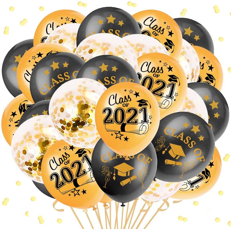 Photo 1 of 30 Packs Graduation Party Supplies Balloons,12 Inch Black and Gold Latex Graduation Ballons Class of 2021 Congrats Grad Gold Confetti Balloons for Graduation Party Decoration