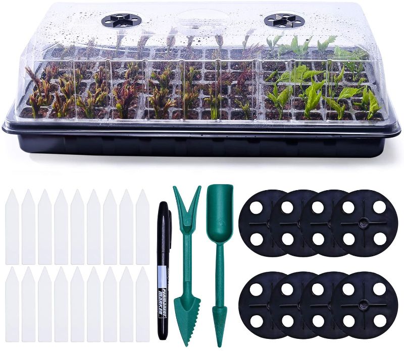 Photo 1 of 72 Cell Seed Starter Tray with Dome and Base, FANGHZHIDI 5 Pack Total 360 Cells Reusable Seedlings Trays with Humidity Adjustment Kits for Planting, Plant Germination Trays with lid Drain Hole