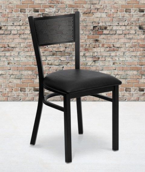 Photo 1 of Black Grid Back Metal Restaurant Chair with Black Vinyl Seat