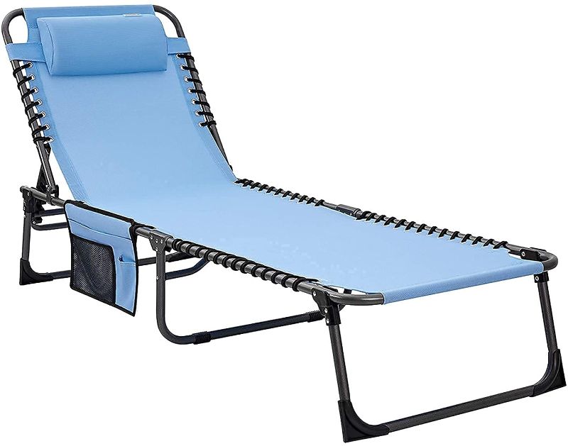 Photo 1 of #WEJOY Folding Outdoor Chaise Lounge Chair, Adjustable Lightweight Portable Beach Lounge Chair for Patio, Pool, Lawn, Deck, Sunbathing, Oversized Camping Reclinging Chair with Pillow and Side Pocket
