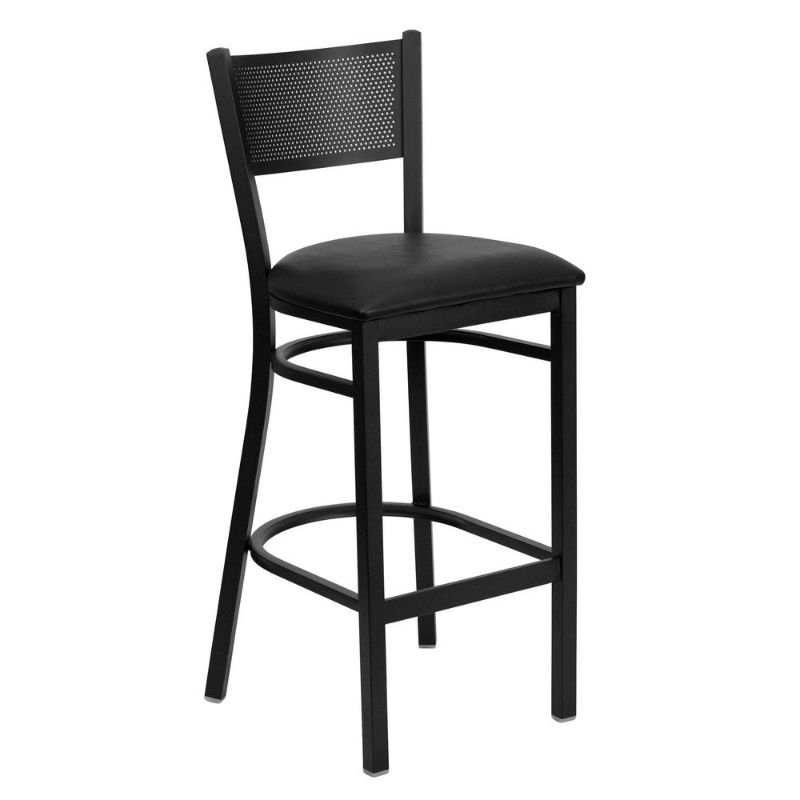 Photo 1 of 2 PACK! Black Grid Back Metal Restaurant Bar Stool - Black Vinyl Seat