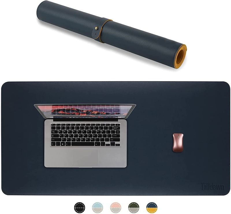 Photo 1 of Dual-Sided Desk Pad, Desk Protector, Desk Blotter 31.5" x 15.7", Waterproof PU Leather Office Desk Mat, Large Mouse Pad with Stitched Edges, Writing Mat for Office/Home (Navy Blue/Yellow)
