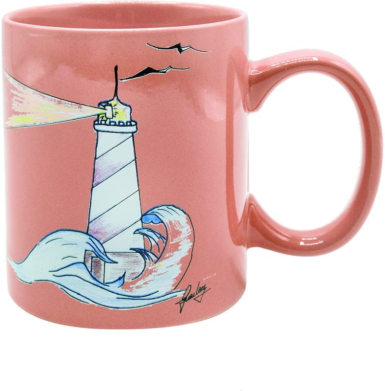 Photo 1 of Ceramic Coffee Mug by Shine TBV Shore Lighthouse Coral Pink Tea Cup, Uplifting Message Saying Be Strong, Gift Grandparents Wife Dad Husband Birthday Christmas Housewarming Present Coastal Home Decor
