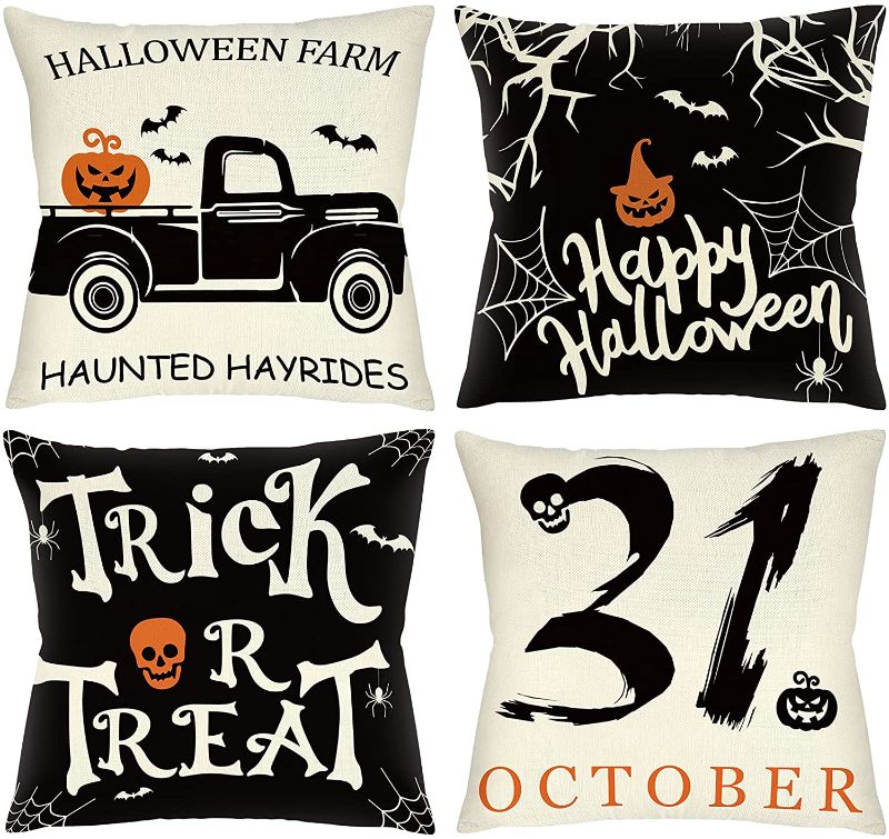 Photo 1 of 6 PACK TOTAL OF 24 COVERS!!! Wareon Halloween Decorations Throw Pillow Covers 18x18 Inches Set of 4 Halloween Decor Clearance Trick or Treat Farmhouse Pumpkin Bat Cushion Cover for Sofa Couch Living Indoor Room Bedroom Outdoor
