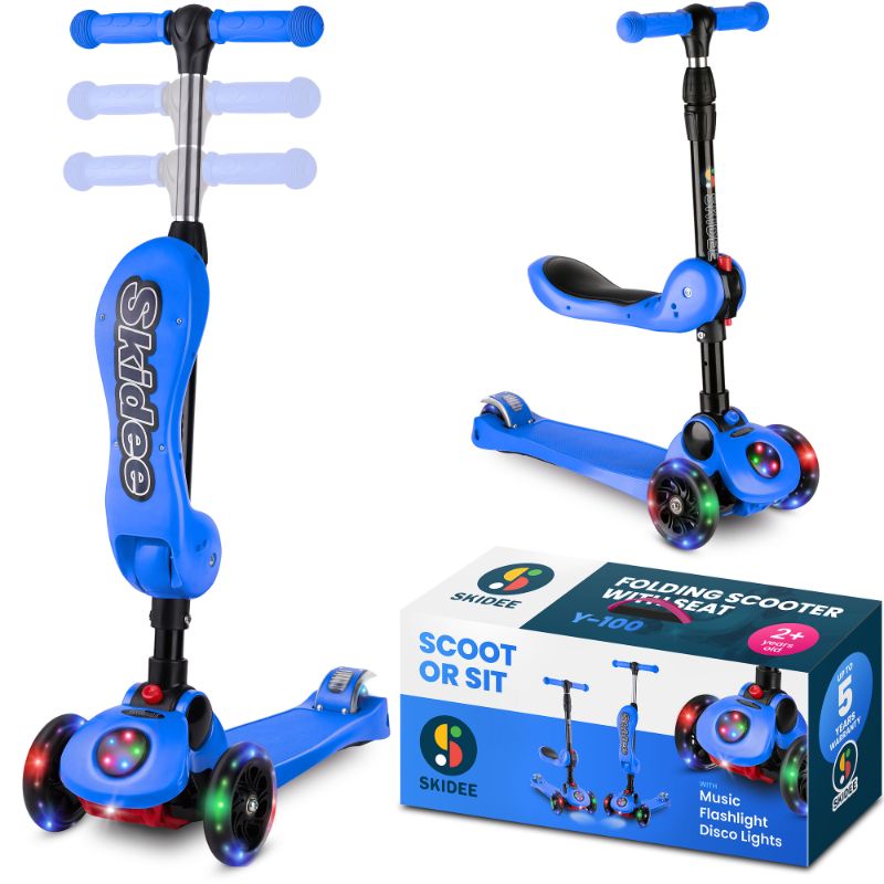 Photo 1 of Kick Scooters for Kids Ages 3-5 (Suitable for 2-12 Year Old) Adjustable Height Foldable Scooter Removable Seat, 3 LED Light Wheels, Rear Brake, Wide Standing Board, Outdoor Activities for Boys/Girls

