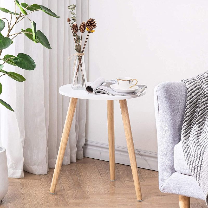 Photo 1 of  Round Side Table, White Nightstand Coffee End Table for Living Room, Bedroom, Small Spaces, Easy Assembly Modern Home Decor Bedside Table with Natural Wood Legs, 