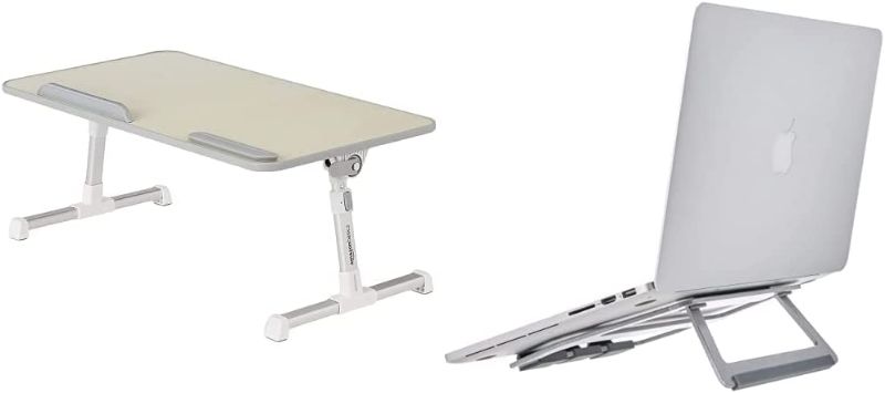 Photo 1 of Amazon Basics Adjustable Laptop Tray Table - Lap Desk Fits up to 17-Inch Laptop - Medium & Aluminum Portable Foldable Laptop Support Stand for Laptops up to 15 Inches, Silver

