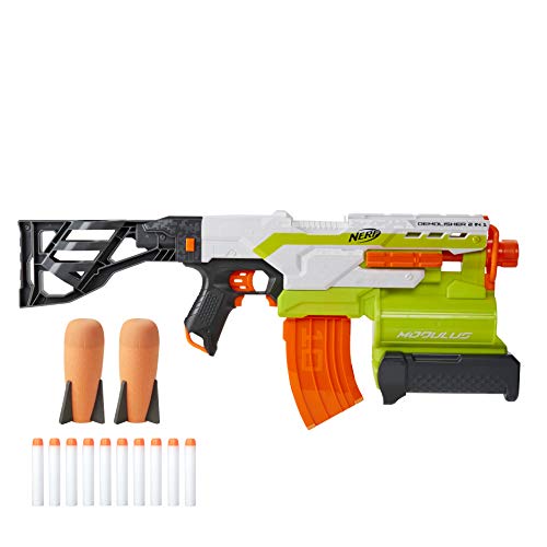 Photo 1 of NERF Modulus Demolisher 2-in-1 Motorized Blaster, Fires Darts and Rockets, Includes 10 Elite Darts, Banana Clip, 2 Rockets, Stock