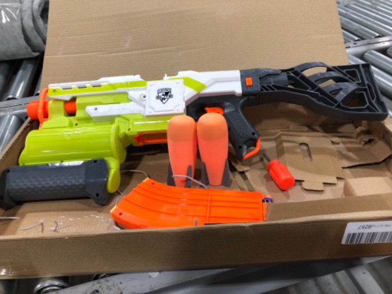 Photo 2 of NERF Modulus Demolisher 2-in-1 Motorized Blaster, Fires Darts and Rockets, Includes 10 Elite Darts, Banana Clip, 2 Rockets, Stock