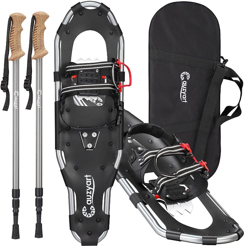 Photo 1 of Cauzyart Snowshoes for Women Men Youth Kids, 25 Inches Lightweight Aluminum Terrain Snow Shoes with Anti-Shock Trekking Poles and Carrying Tote Bag, Easy to Wear with One-Pull System, 25" Gray 
