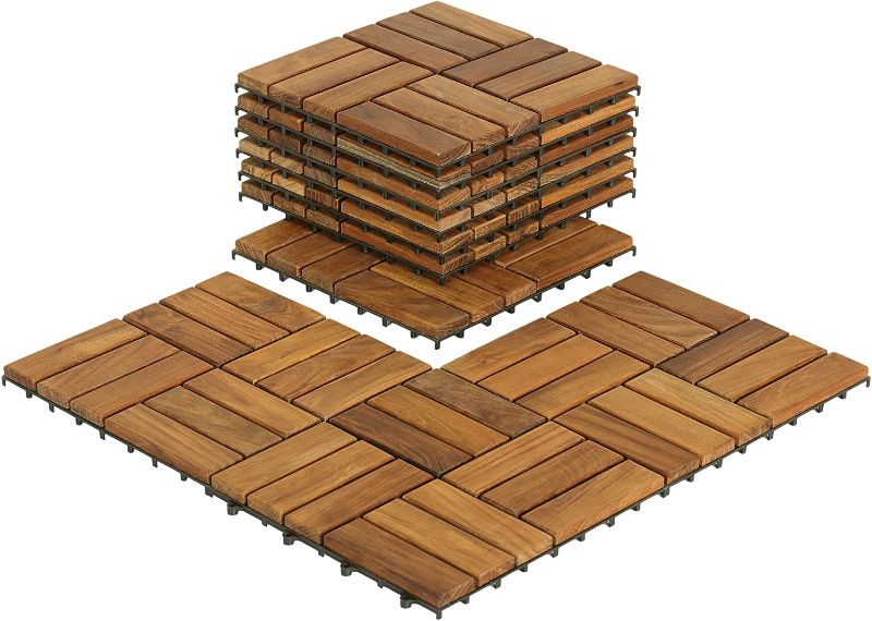 Photo 1 of Bare Decor BARE-WF2009 Solid Teak Wood Interlocking Flooring Tiles (Pack of 10), 12" x 12", Brown
