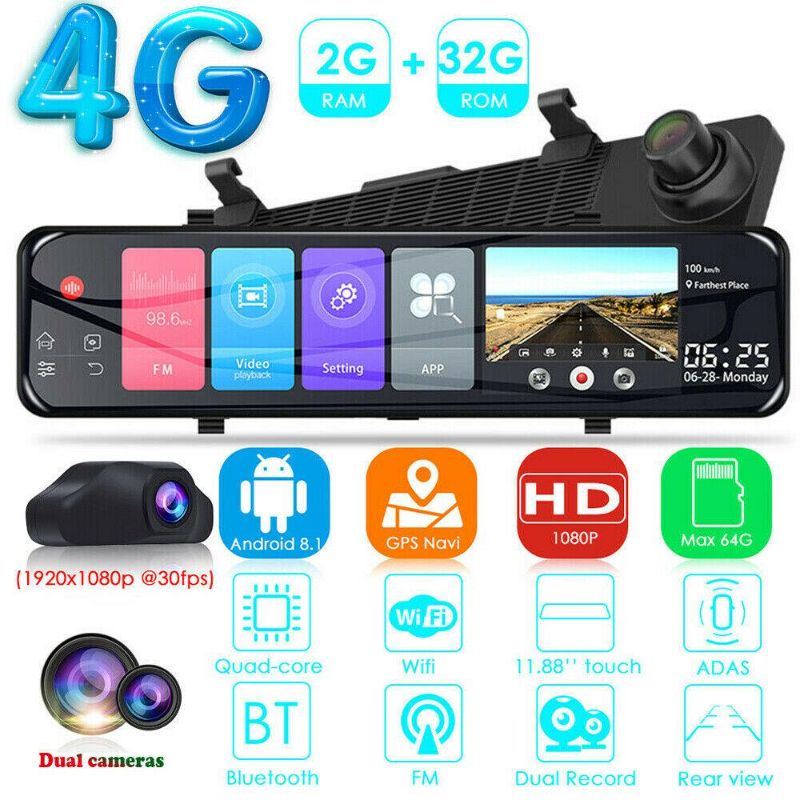 Photo 1 of 12 in Car GPS Rearview Mirror Dashcam 180P HD Android 8.1 WIFI ADAS DVR 64GB Card