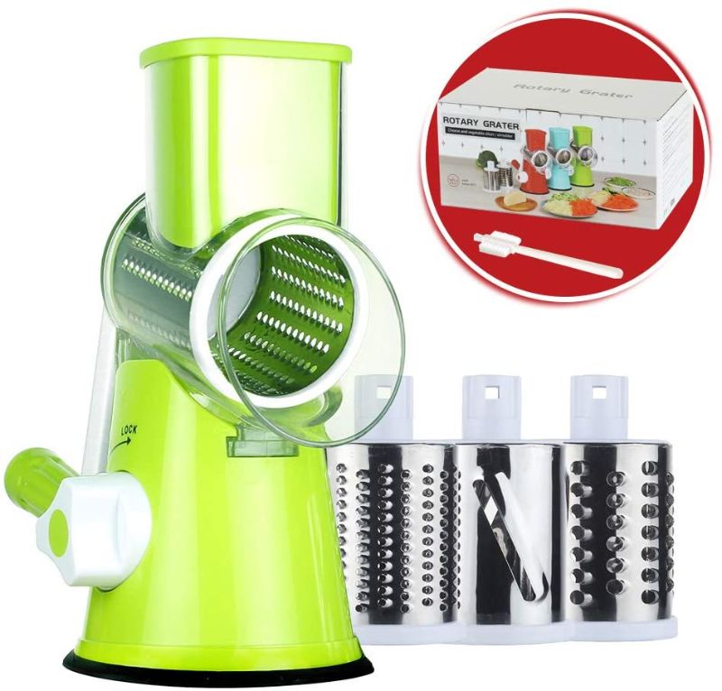 Photo 1 of Cambom Rotary Cheese Grater Round Mandoline Slicer with 3 Interchangeable Blades, Manual Vegetable Food Shredder with Strong Suction Base by Cambom
