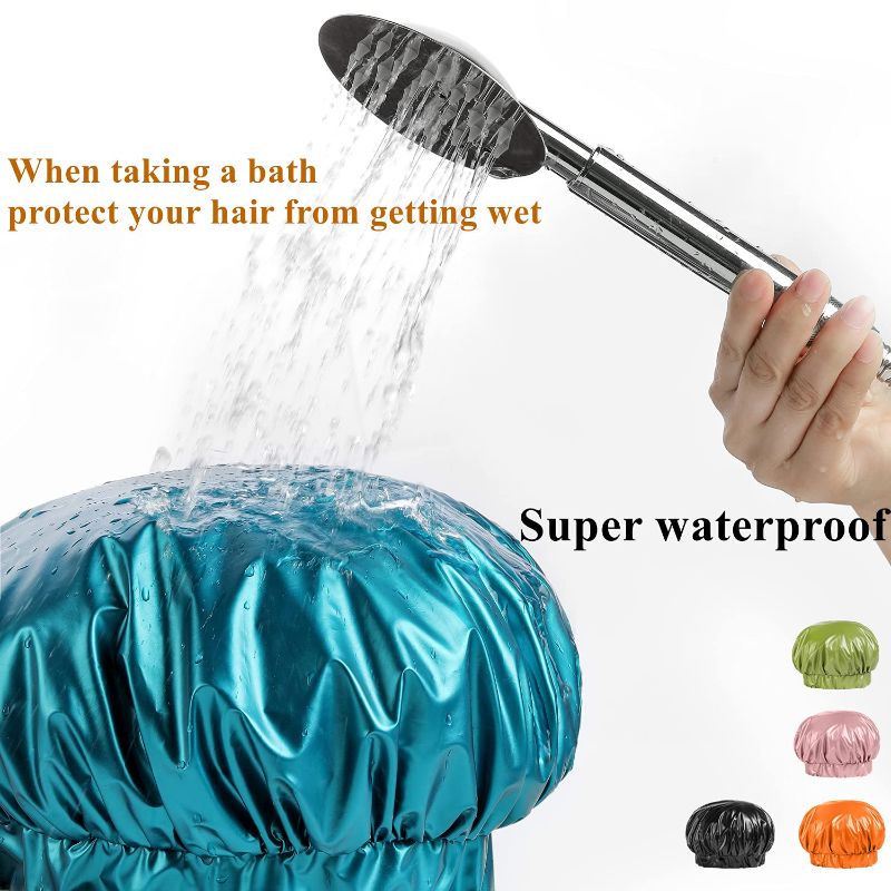 Photo 1 of Girzzur lined with satin Shower Cap 100% true Double layer waterproof Bathing Cap Dry Hair Function Reusable Long Hair Bath Caps (green)

