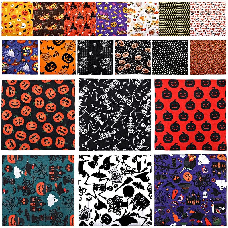 Photo 1 of 19 Pieces 20 x 20 Inch Halloween Fabric Squares and 10 x 10 Inch Halloween Theme Fabric Pumpkin Fabric Bundles Skull Print Patchwork Squares for DIY Sewing Crafts Cloths Handmade Accessories
