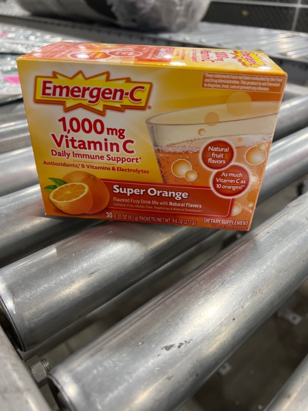 Photo 2 of Emergen-C 1000mg Vitamin C Powder, with Antioxidants, B Vitamins and Electrolytes, Vitamin C Supplements for Immune Support, Caffeine Free Fizzy Drink Mix, Super Orange Flavor - 30 Count EXP. NOV 2022
