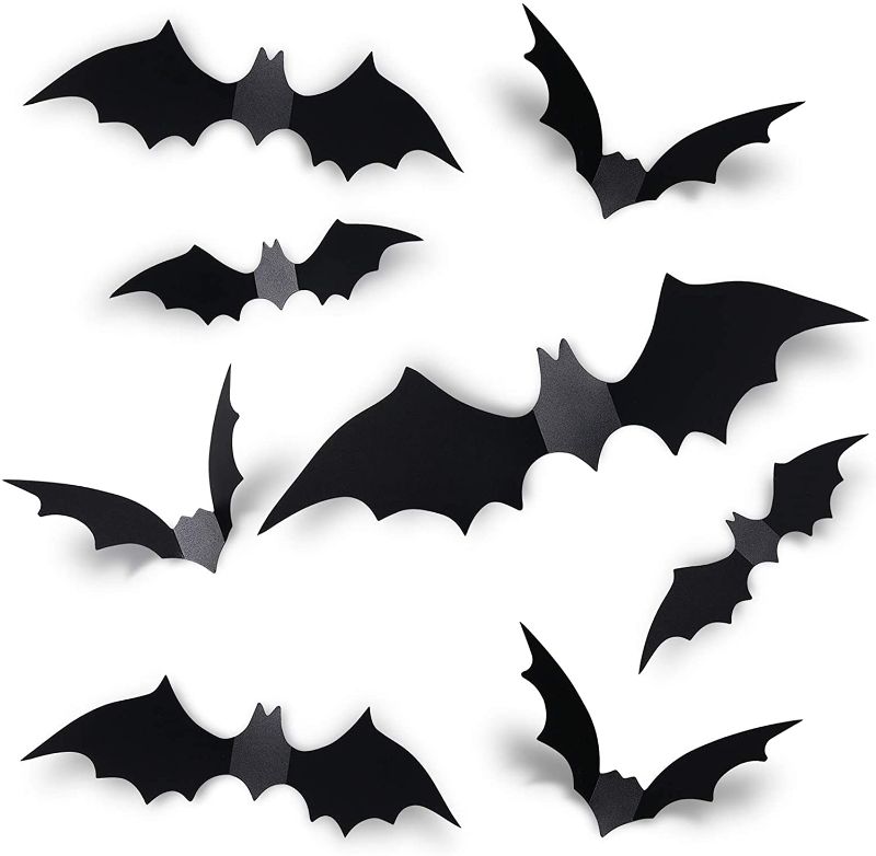 Photo 1 of Coogam 60PCS Halloween 3D Bats Decoration, 4 Different Sizes Realistic PVC Scary Black Bat Sticker for Home Decor DIY Wall Decal Bathroom Indoor Hallowmas Party Supplies 11 PACK 