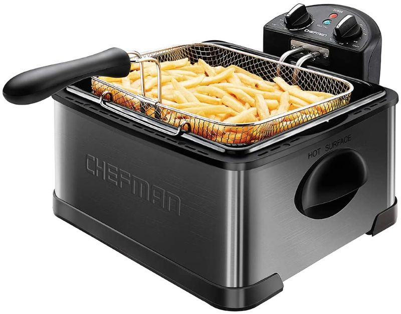 Photo 1 of Chefman Deep Fryer with Basket Strainer, 4.5 Liter XL Jumbo Size Adjustable Temperature & Timer, Perfect Chicken, Shrimp, French Fries, Chips & More, Removable Oil Container, Black
