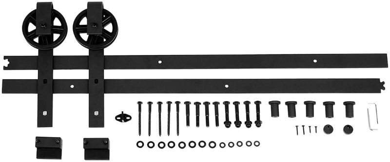 Photo 1 of Amazon Basics Sliding Barn Door Hardware Kit, 6.6 Foot, Big Wheel, Black
