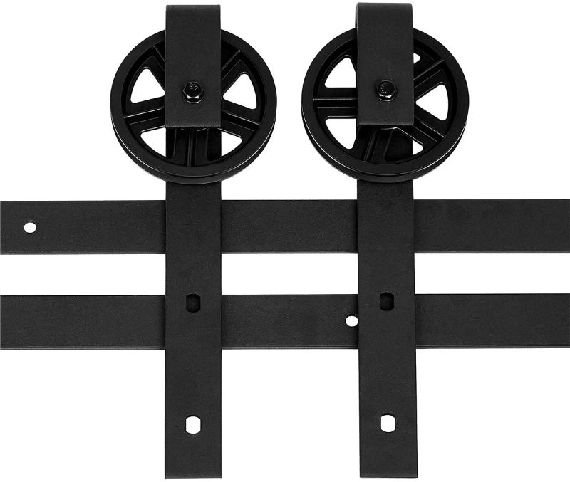 Photo 2 of Amazon Basics Sliding Barn Door Hardware Kit, 6.6 Foot, Big Wheel, Black
